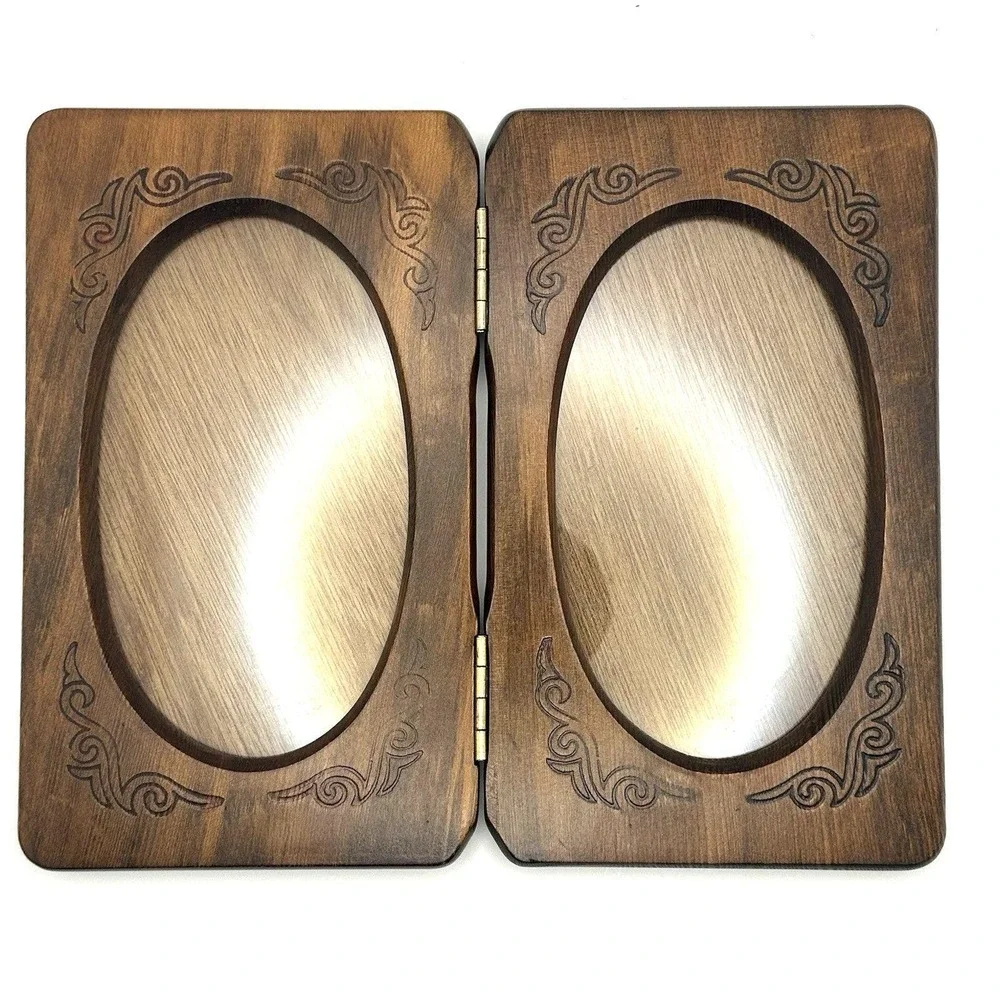 Vintage Wood Double Hinged 5x7 Photo Frame Oval Glass Scrollwork Rustic